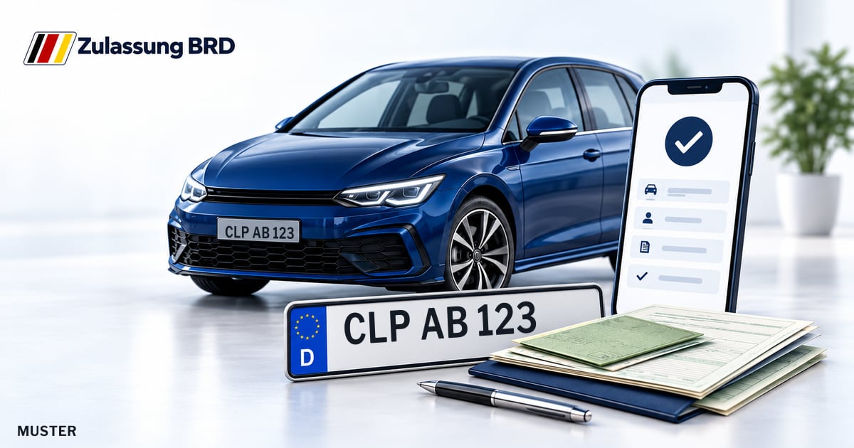 Online Fahrzeugzulassung in Barßel: Musterkennzeichen CLP AB 123, Auto und Fahrzeugpapiere und Smartphone. Illustration mit Logo von Zulassung BRD.